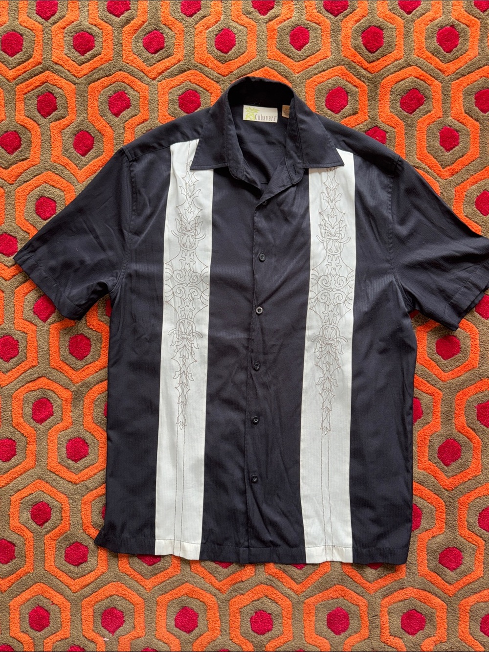 MAKE OFFER! Cubavera Black Short-Sleeve Button-Down Shirt White Panels Men's S